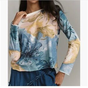 Maeve Anthropologie Caitlin Boxy Floral Long-Sleeve Tee in Blue, Yellow & Cream